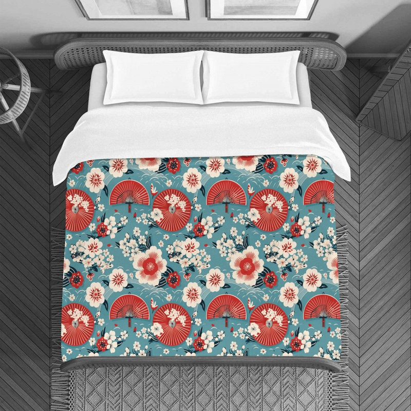Chinese Asian Red Floral Duvet Cover, Twin Duvet Cover