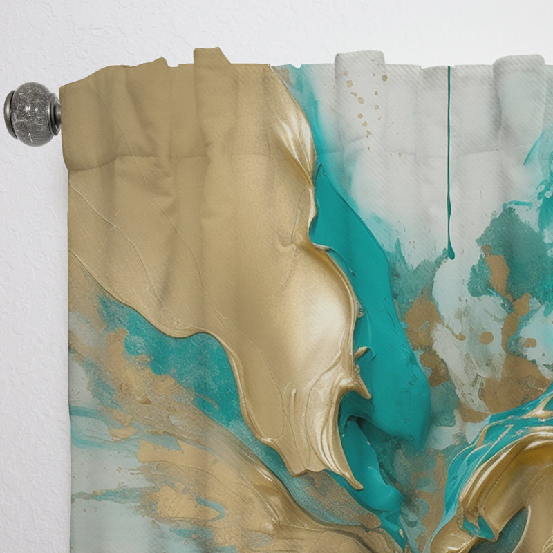 Gold And Turquoise Marble Fluid Ink II - Modern Velvet Curtain - Room Darkening - 1 panel, 52" W x 95" L