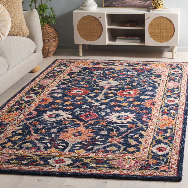 Panayotis Hand Tufted Wool Cotton Floral Rug in Blue/Red, Rectangle 5' x 8'