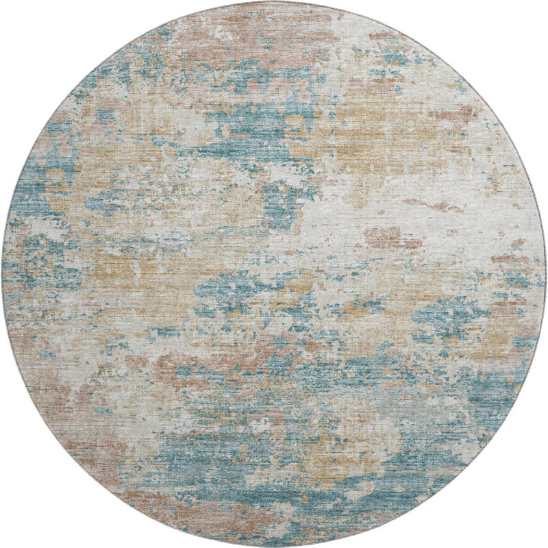 Premium Machine Washable Hintzen AMF69 Teal Rug, Round 8'
