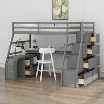 Lit mezzanine avec tiroirs, tablettes et bureau