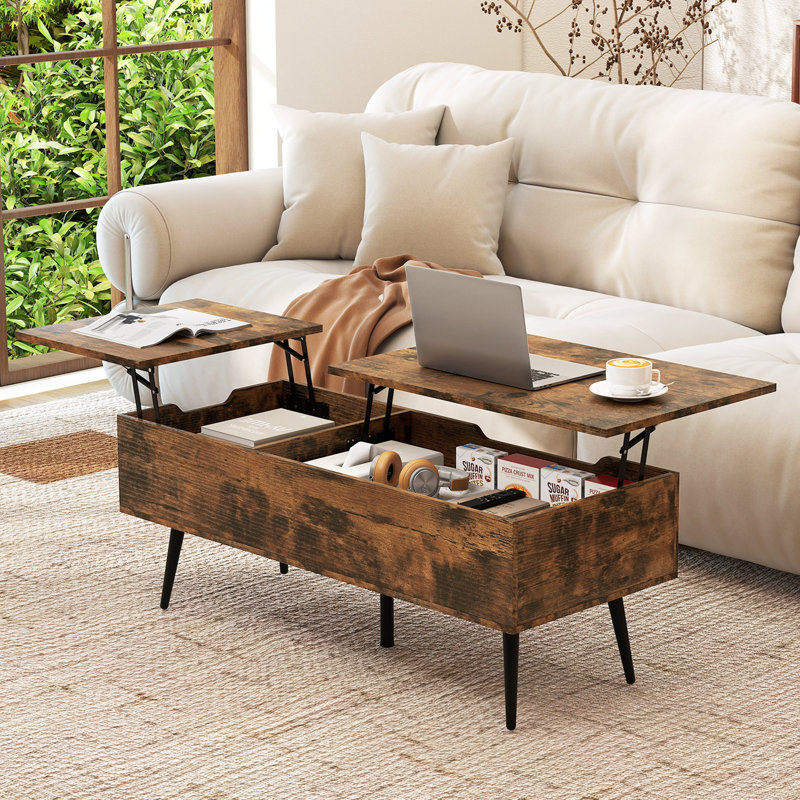 Table basse à plateau relevable avec plateau divisé et 2 compartiments cachés avec pieds fuselés en métal