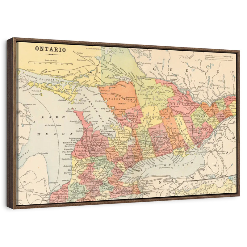 Carte de Ontario, 37 po x 25 po, Cadre flottant noyer