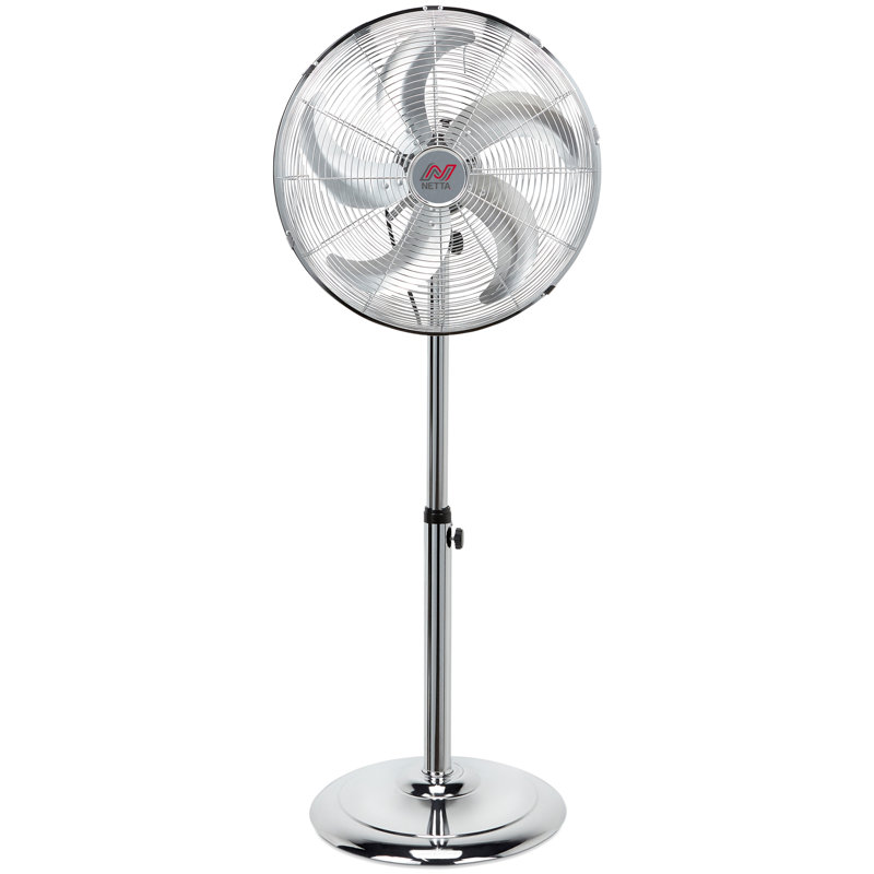 NETTA 16″ Chrome Metal Pedestal Floor Fan with 5 Blades, 3 Speeds & Oscillation, Adjustable Height, Quiet 50W Operation