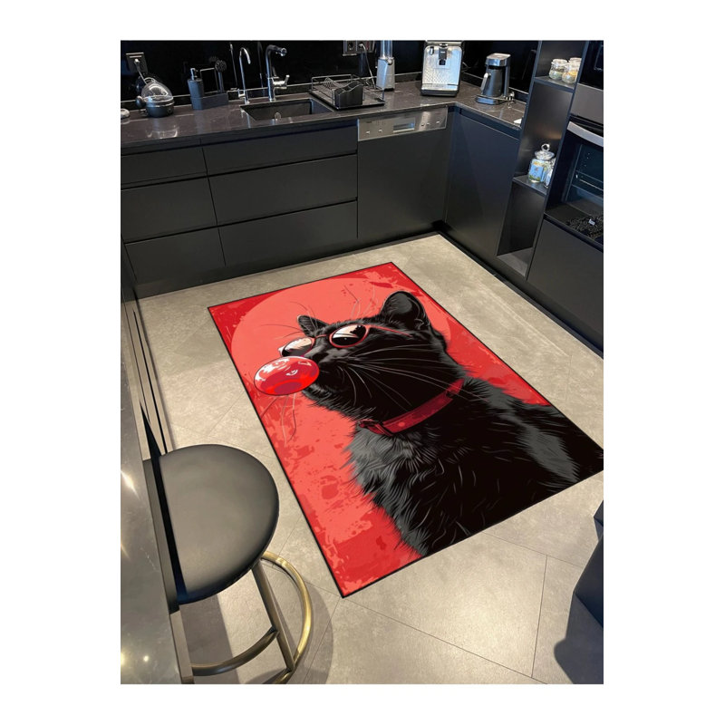 Cat Black Gum Patterned Washable Carpet, Rectangle 2'4" x 4'