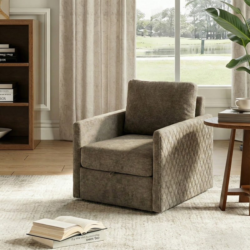 Fauteuil demi-tonneau pivotant capitonné en chenille avec rangement caché, Taupe