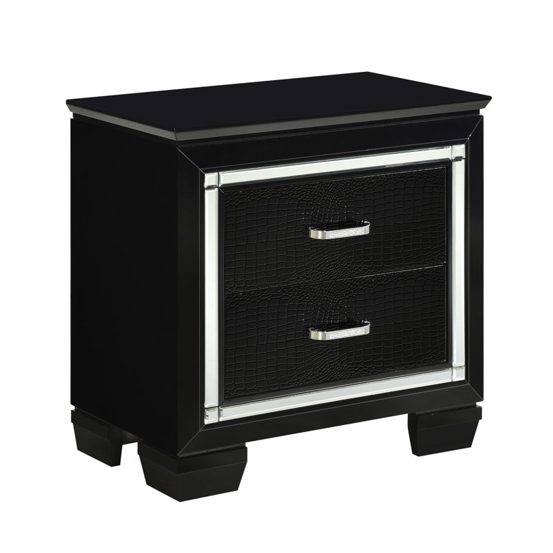 Table de chevet glamour en noir avec 2 tiroirs et ornements en faux alligator pour une chambre à coucher élégante, Noir