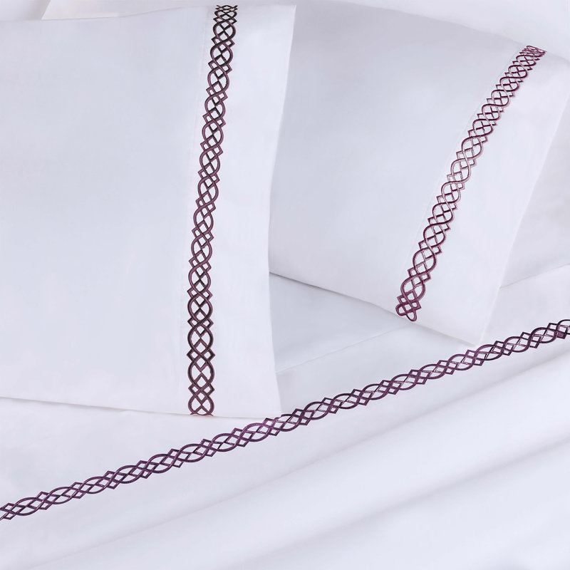 Infinity Scroll Embroidered Certified Egyptian Cotton 1000 Thread Count Bed Sheet Set, White/Plum