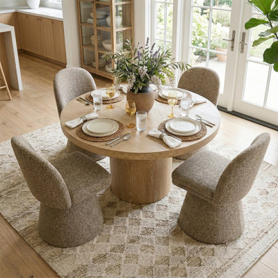 Ensemble de table de salle à manger pour 4 personnes avec table ronde en bois massif et 4 chaises rembourrées en tweed