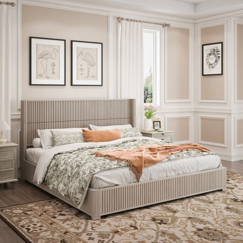 Solid Wood Platform Bed Frame With Headboard, No Box Spring Needed, Floor-Standing Bed, Easy Assembly, King, Beige