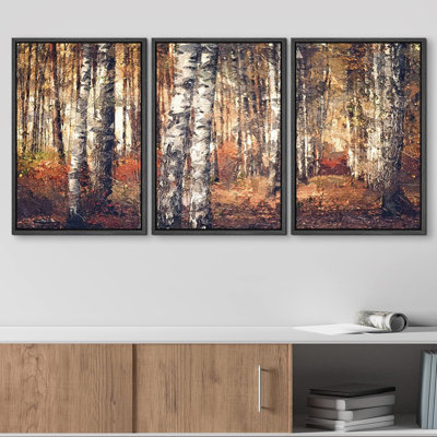 Aspen Birch " Cracked Paint Texture Orange Forest and White Tree Nature Modern Art Scenic Ultra " 3 Piece Art Print