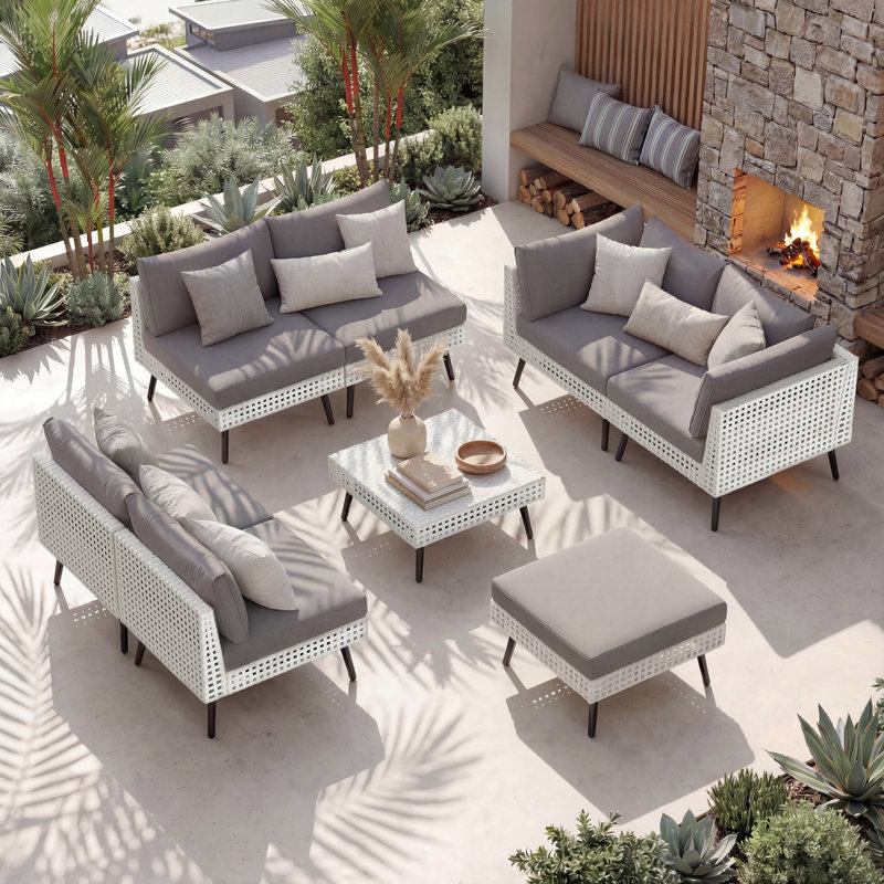 Ensemble de conversation modulaire en osier pour 6 personnes avec coussins, 8 pièces: 4 sans accoudoirs, 2 fauteuils d'angle,