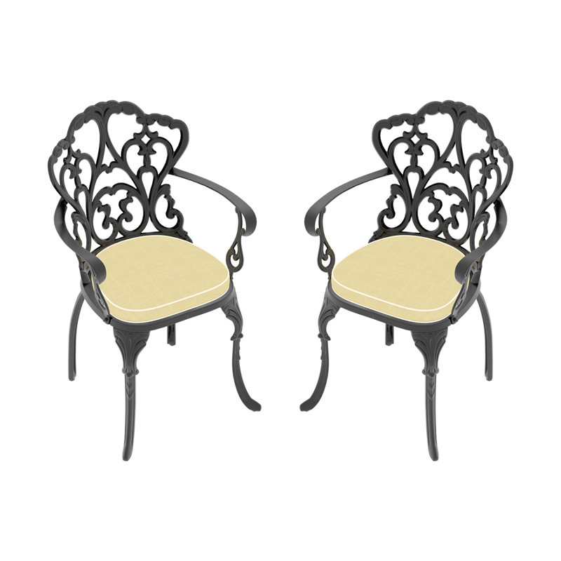 Cast Aluminum Patio Dining Chair 2PCS With Black Frame And Beige Cushions
