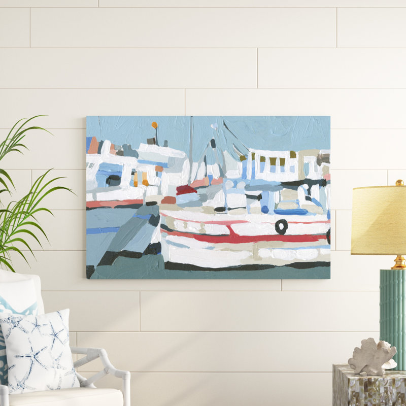«Bright bateaux I» par Emma Caroline - peinture sur toile tendue, H 32 po x l 48 po