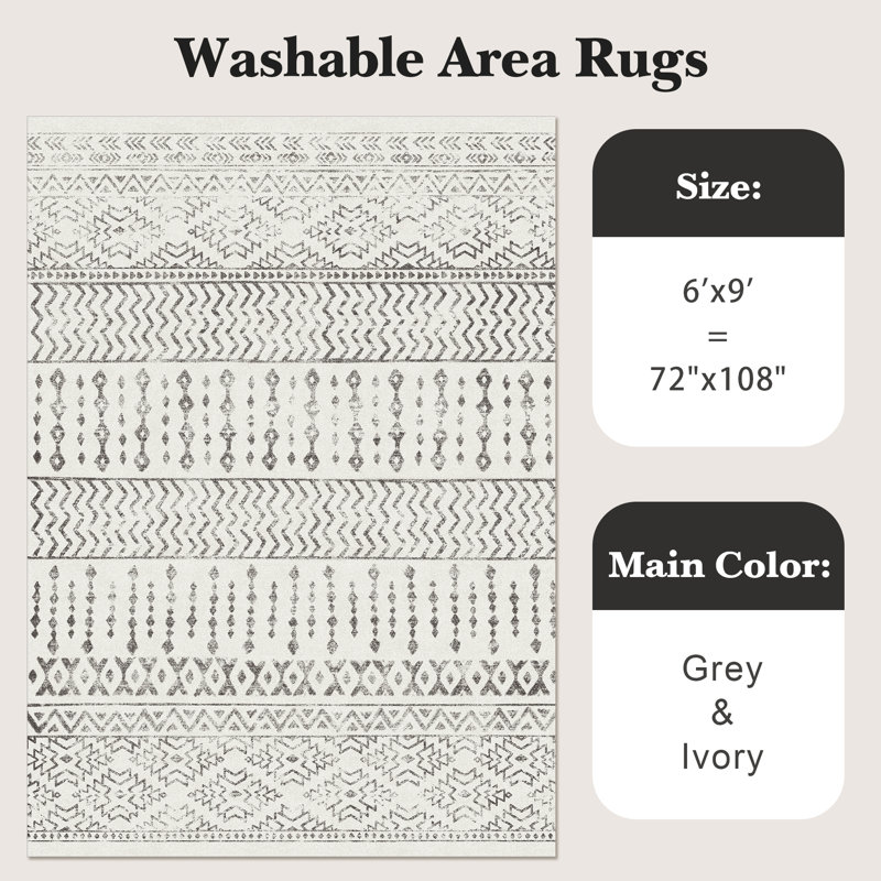 Ultra-Thin Moroccan Washable Rug, Anti-Slip Backing Rugs for Living Room (Ivory), Rectangle 6' x 9'