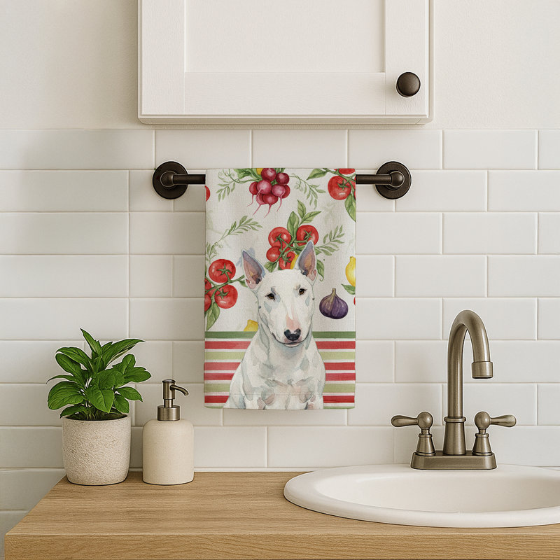 White Miniature Bull Terrier Vegetables Kitchen Towel, White Miniature Bull Terrier