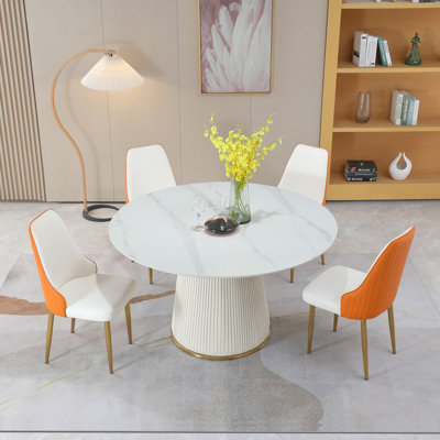 Table de salle à manger blanche 53 po en pierre frittée ronde résistante aux taches et aux températures élevées 53 po
