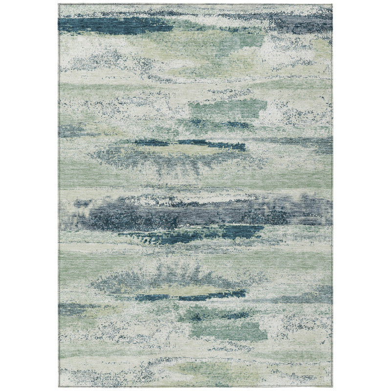 Tapis intérieur lavable abstrait vert ivoire et bleu denim 9 pi x 12 pi
