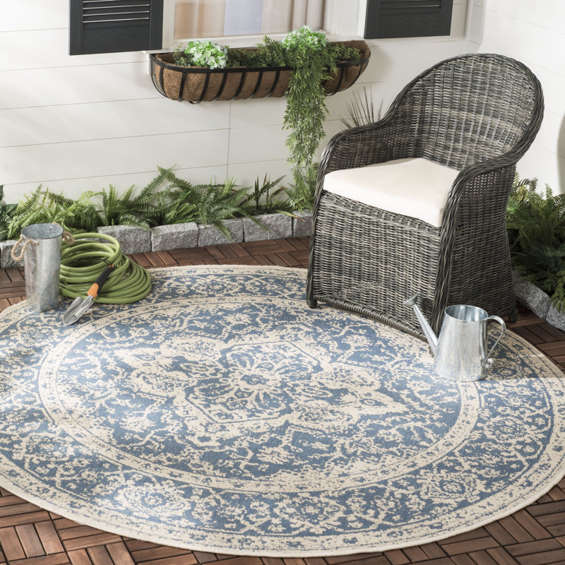 Danya Blue/Cream Indoor/Outdoor Area Rug, Round 8'
