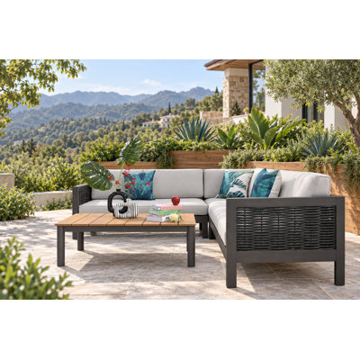 Solid Wood and Wicker 5 - Person Patio Conversation Set with Cushions