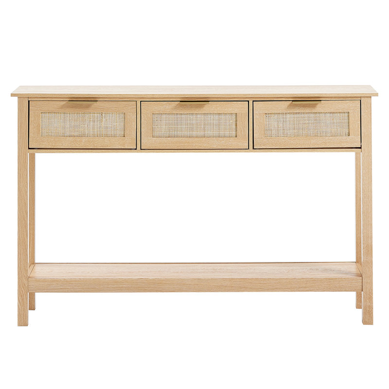 Bay Isle Home™ Rattan Console Table with 3 Storage Drawers Rattan Sliding Door, Natural Wood