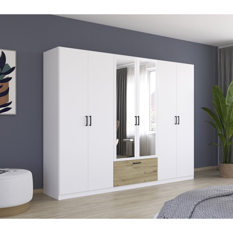 Bari hinged door wardrobe with practical drawers in the middle and handles, 210cm H x 271cm W x 54cm D