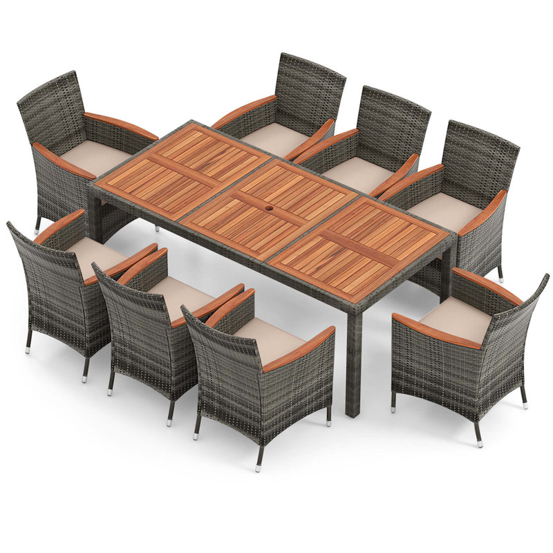 Wildon Home® 9 Pieces Outdoor Wicker Dining Set With Acacia Wood Table And 8 Armchairs