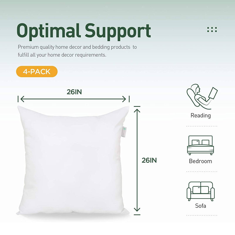 White 26" Square Polyester Throw Pillow Inserts, 4 Count