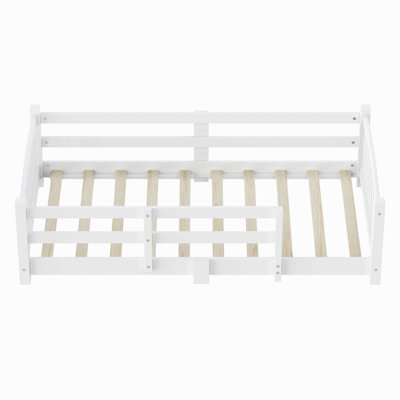 Montessori Floor Bed With Slats And Safety Guardrails, Solid Wood Floor Bed With Fence And Without Door