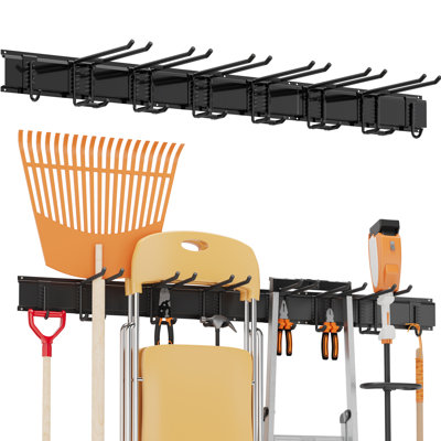 Heavy Duty Wall Mounted Garage Rack, 8 Hooks & 3 Rails, for Shovels, Rakes, Brooms, Ski Gear