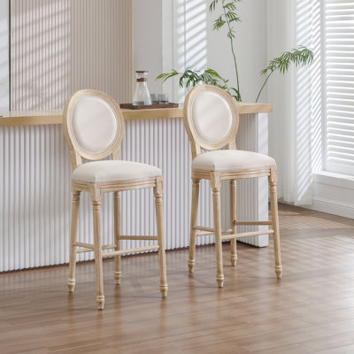 Ensemble de 2 chaises de bar de style français de 30 po de hauteur, chaises rembourrées avec dossier rond, techniques de tréfilage et de sculpture, démontables, pour le salon, la cuisine, le restaurant, beige
