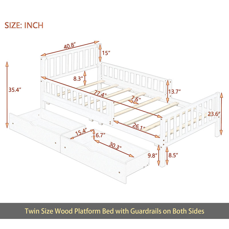 Lit plateforme en bois avec garde-corps des deux côtés et deux tiroirs de rangement,, Gris, Lit simple