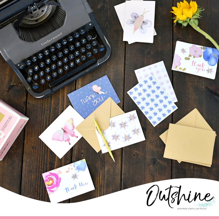 Outshine Blank Note Cards with Envelopes and Seals in Storage Box - Set of 36 (Bee & Butterfly) | 3.5 x 5 Blank Cards with Envelopes All Occasion
