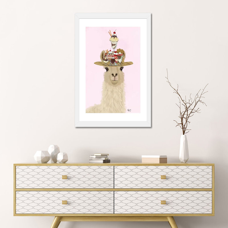«Llama Ice Cream Hat» par Fab Funky - impression d'art graphique, Blanc, H 24 po x l 16 po x P 1 po, Papier encadré blanc