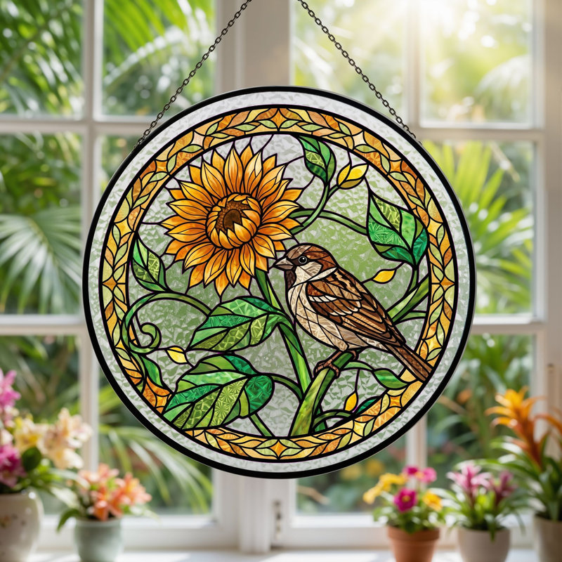 Panneau de vitrail Sunflower Bird, H 12 po, H 12 po