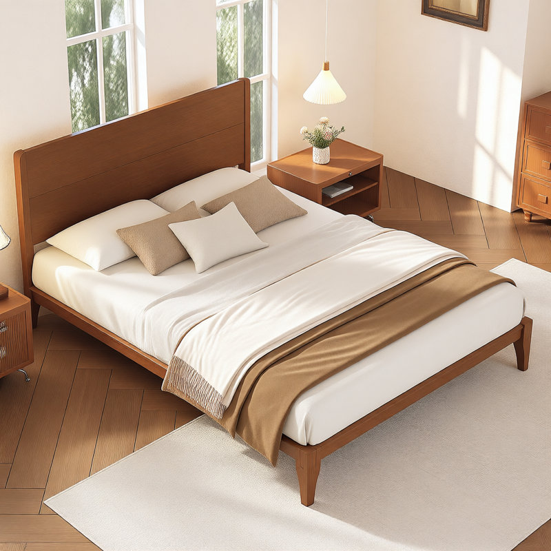 Mid-Century Modern Bamboo Platform Bed, Eco-Friendly Wood Frame with Metal Slat Support, No Box Spring Needed, Queen