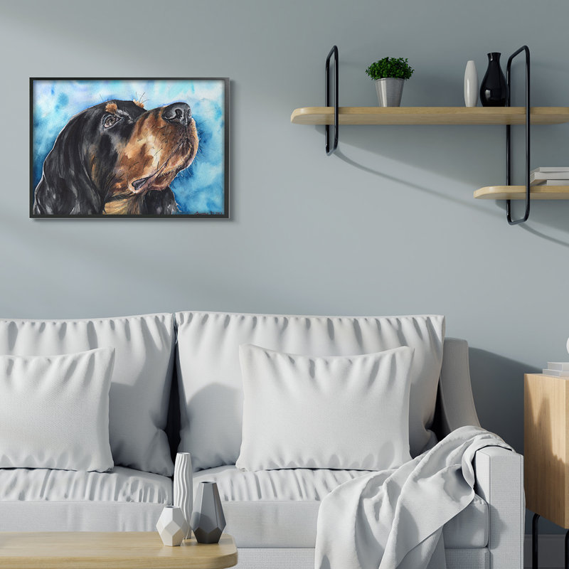 Portrait de chien Gordon Setter sur fond bleu vif, Giclée encadrée noir minuit, H 24 po x l 30 po