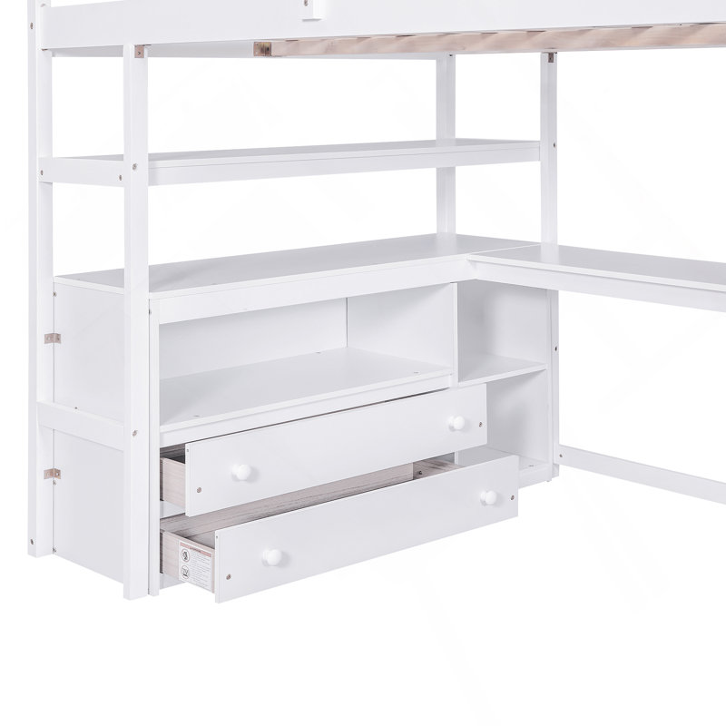 Lit mezzanine avec bureau et escalier avec rangement à tiroirs Shelvestwo