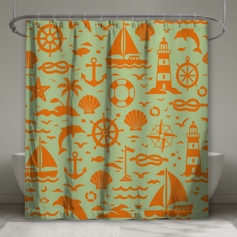 Orange Nautical Icons Shower Curtains Extra Long, 70in W x 72in H