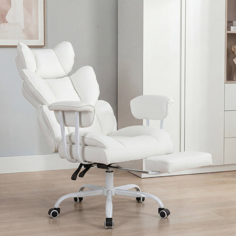 Ergonomic Executive Chair with Headrest, Padded Armrest and Footrest, White