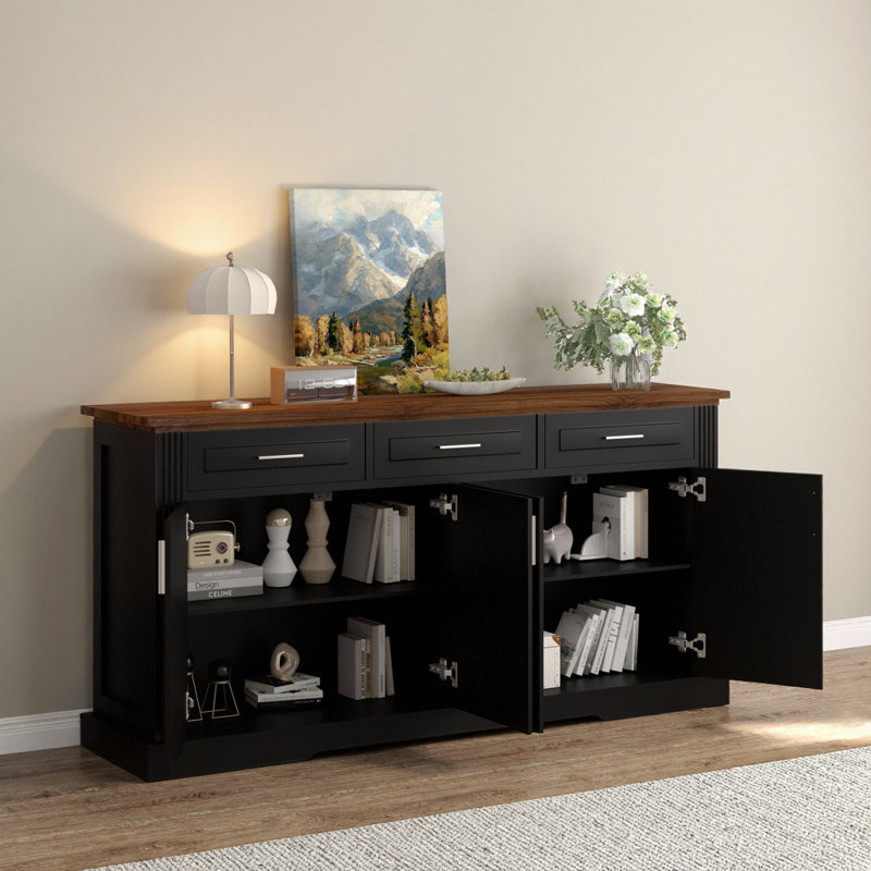 Buffet 63 "cannelé avec bar à café, 4 portes et 3 tiroirs - Buffet de cuisine pour la salle à manger, rangement dans l'entrée