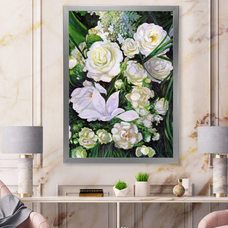 Bouquet de roses blanches et mauves - reproduction sur toile, H 20 po x l 12 po x P 1 po, Cadre photo argenté