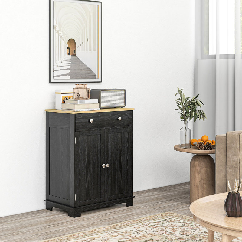 Buffet avec comptoir en bois massif et rangement - noir vieilli, 2 tiroirs, portes, tablette réglable pour la cuisine