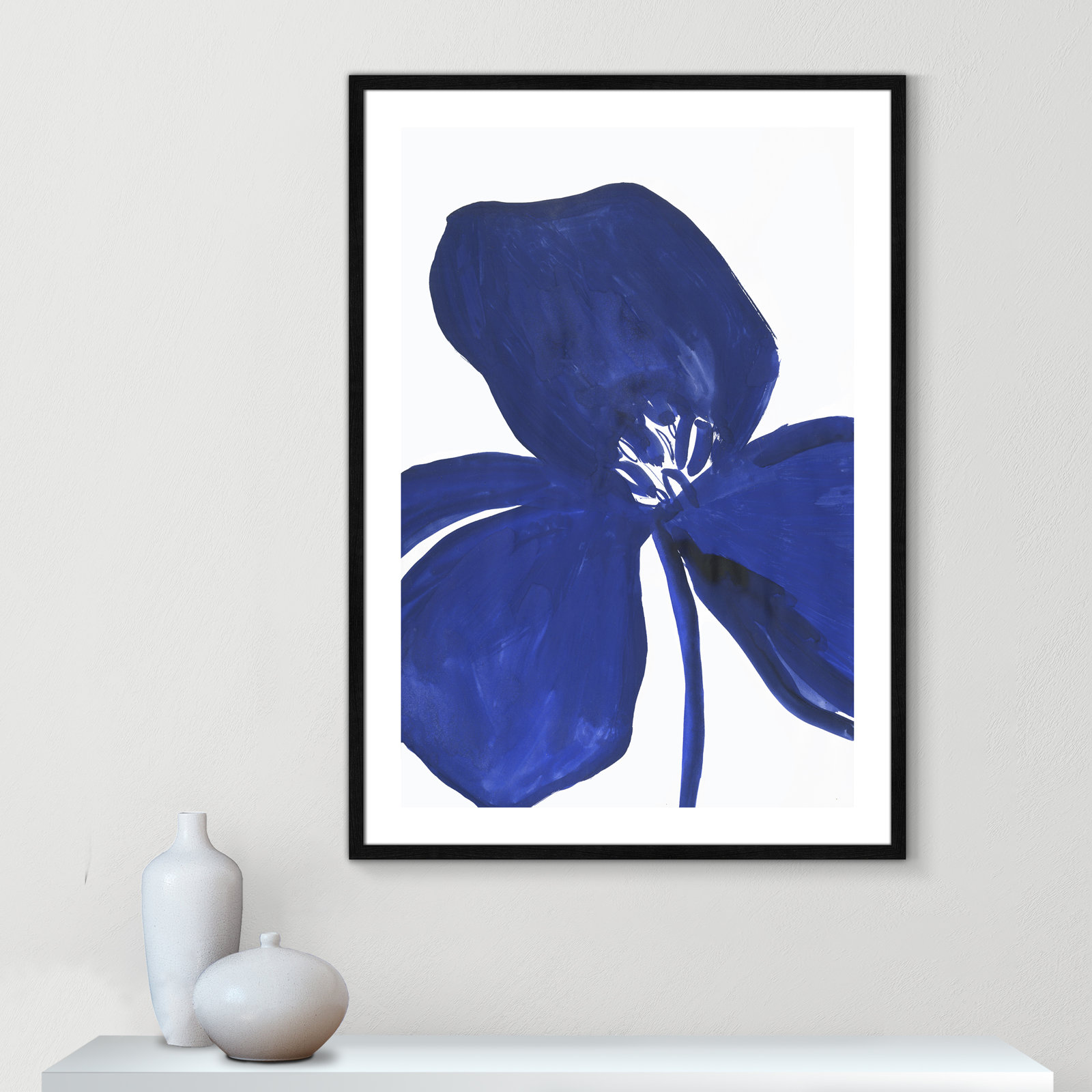 Clarisse "Indigo Petal II" Painting, 41.5" H x 29.5" W x 0.75" D, Black Framed Paper