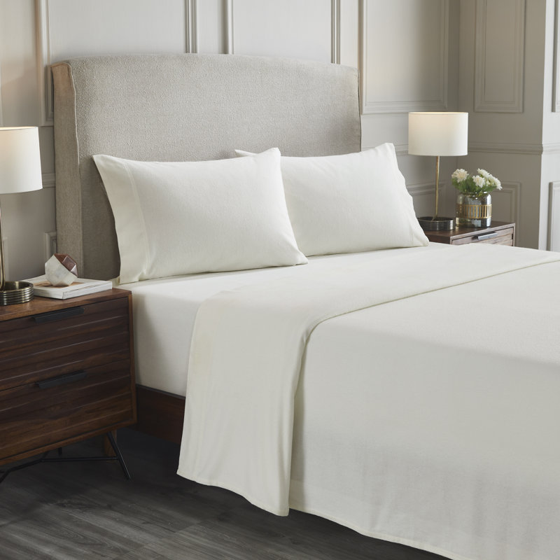 Rome Flannel Cotton Solid Fuzzy Warm Deep Pocket Sheet Set, Queen Sheet Set with 2 Pillowcases, Ivory