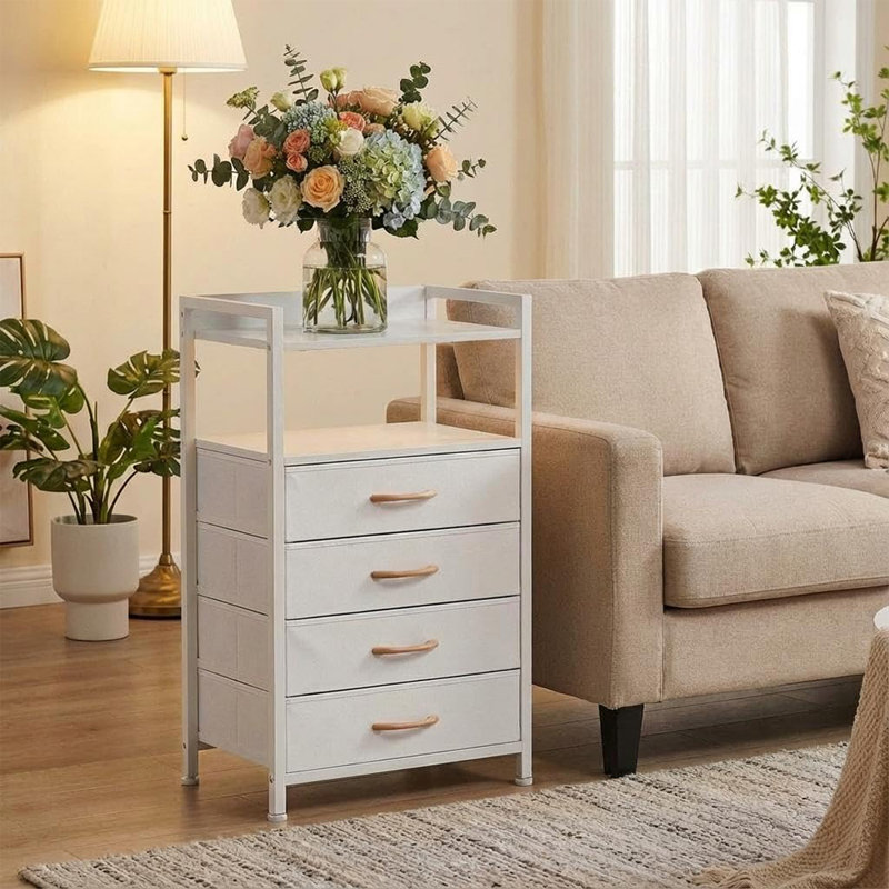 4-Drawer Fabric Dresser with Metal Frame, Storage Cabinet for Bedroom and Living Room, White