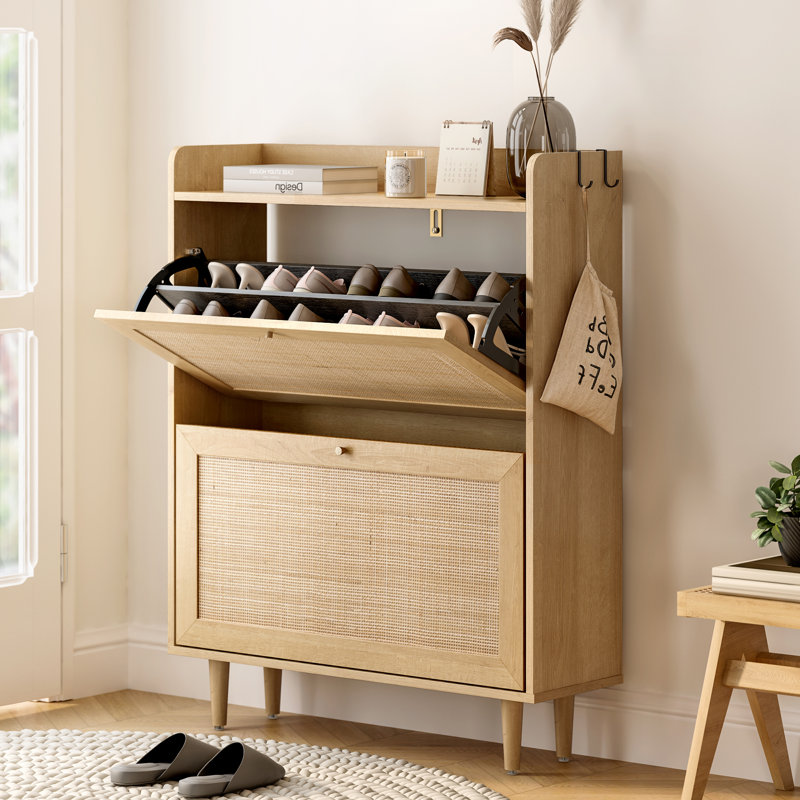 Rattan Shoe Cabinet With 2 Flip Drawers