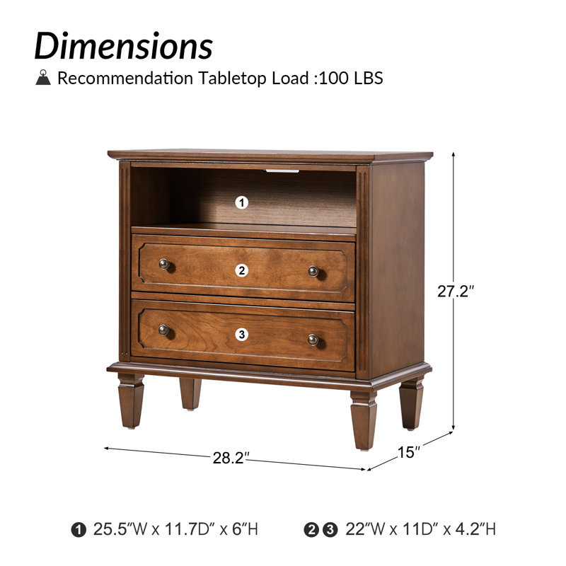 Amberlyn 27.2'' H Traditional2-Drawer Nightstand with Built-In Outlets and Solid Wood Legs and Open Shelve