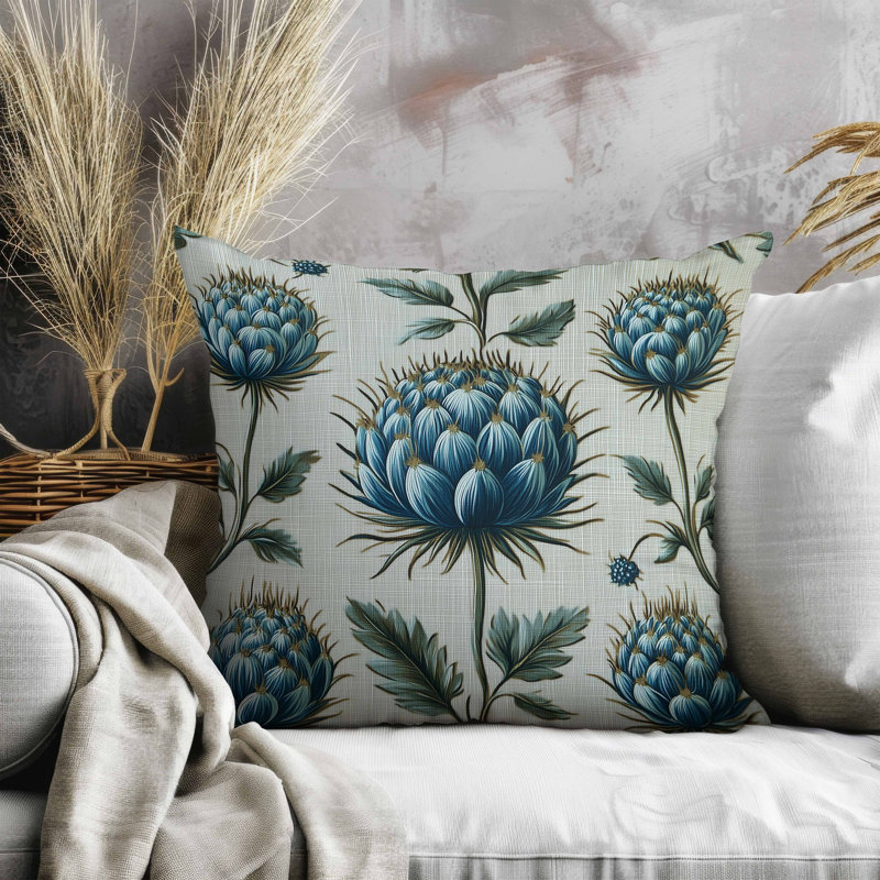Coussin en suède Thistle Garden, Bleu / Vert, Carré 26 po