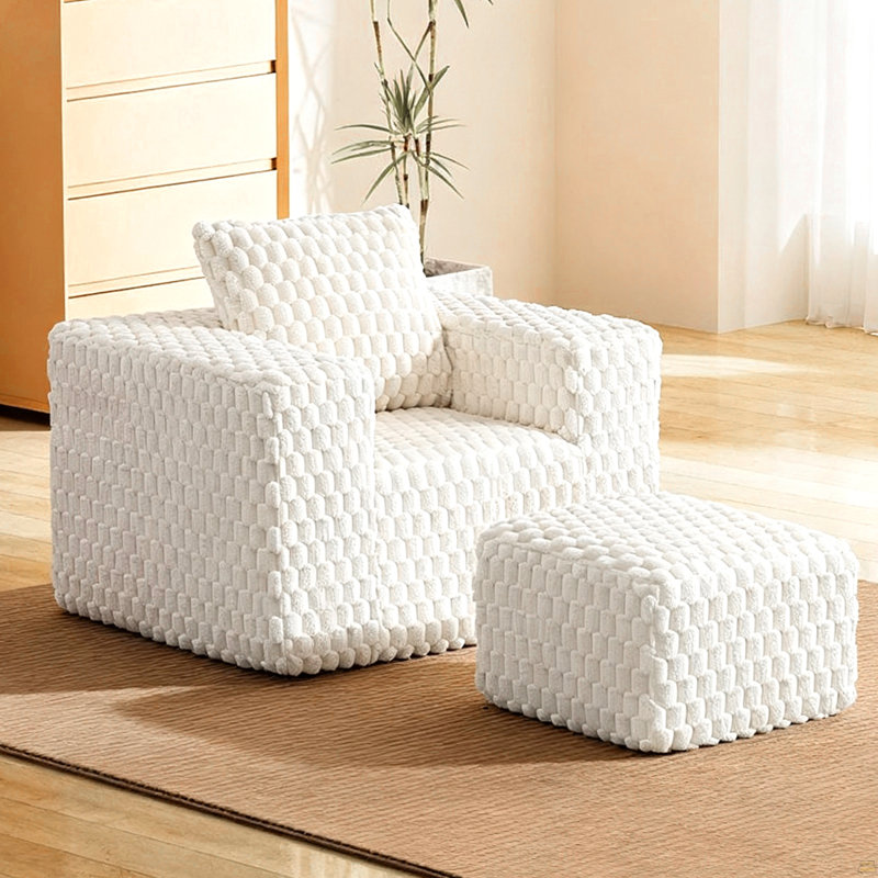 Boneless Chair With Ottoman, Single Sofa With Pillow, Corduroy Lounge Sofa, White